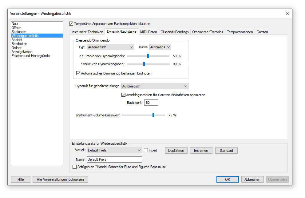 Dialogbox Einstellungen für Wiedergabestilistik – Dynamik und Lautstärke